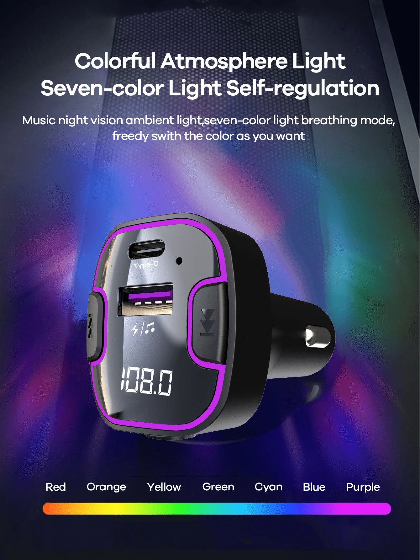 7-Color LED Backlit Car Bluetooth FM Transmitter With Type-C PD 15W Fast Charging AUX Wireless Audio Receiver
7-Color LED Backlit Car Bluetooth FM Transmitter With Type-C PD 15W Fast Charging AUX Wireless Audio Receiver