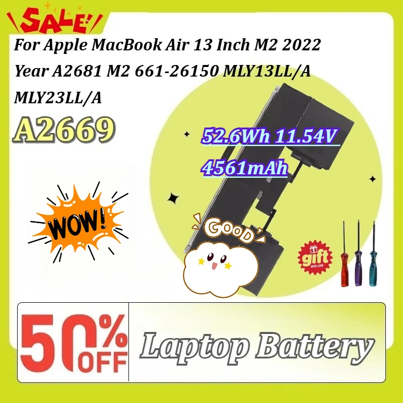 New A2669 11.54V 52.6Wh 4561mAh Laptop Battery for Apple MacBook Air 13 Inch M2 2022 Year A2681 M2 661-26150 MLY13LL/A MLY23LL/A
New A2669 11.54V 52.6Wh 4561mAh Laptop Battery for Apple MacBook Air 13 Inch M2 2022 Year A2681 M2 661-26150 MLY13LL/A MLY23LL/A