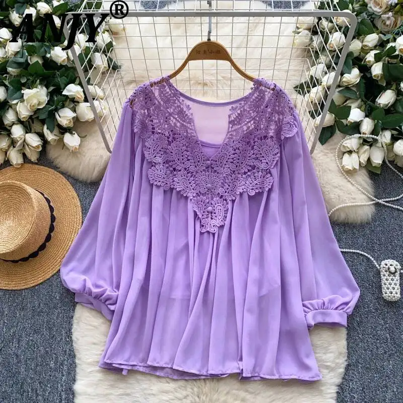 ANJY Spring Summer New Women Elegant Lantern Sleeve Mesh Hook Flower Hollow Design Blouse Trend Ins V-Neck Pullover Shirt A23384
ANJY Spring Summer New Women Elegant Lantern Sleeve Mesh Hook Flower Hollow Design Blouse Trend Ins V-Neck Pullover Shirt A23384