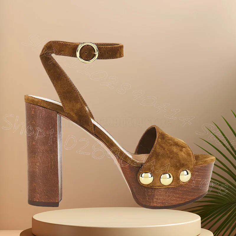 Metal Rivets Brown Suede Wooden Platform Sandals Buckle Strap Women Shoes Chunky High Heels Party Feast 2026 Zapatos Para Mujere
Metal Rivets Brown Suede Wooden Platform Sandals Buckle Strap Women Shoes Chunky High Heels Party Feast 2026 Zapatos Para Mujere