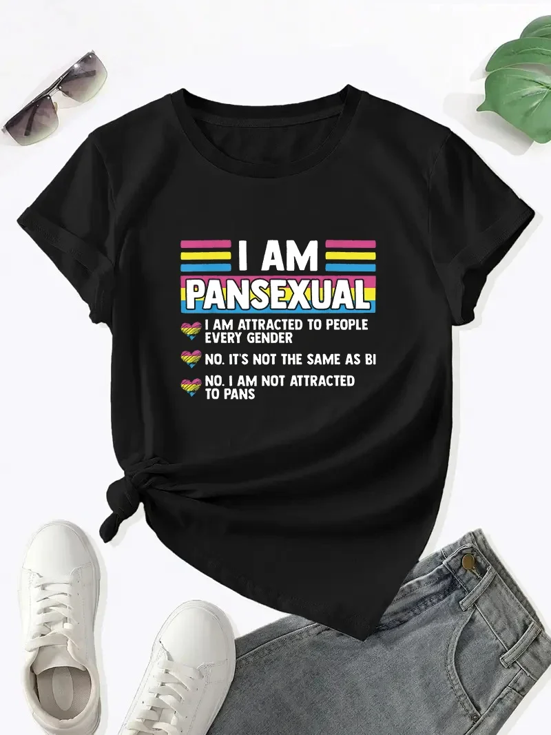 I am Pansexual women's round neck T-shirt fashionable trend short sleeved summer top 
I am Pansexual women's round neck T-shirt fashionable trend short sleeved summer top