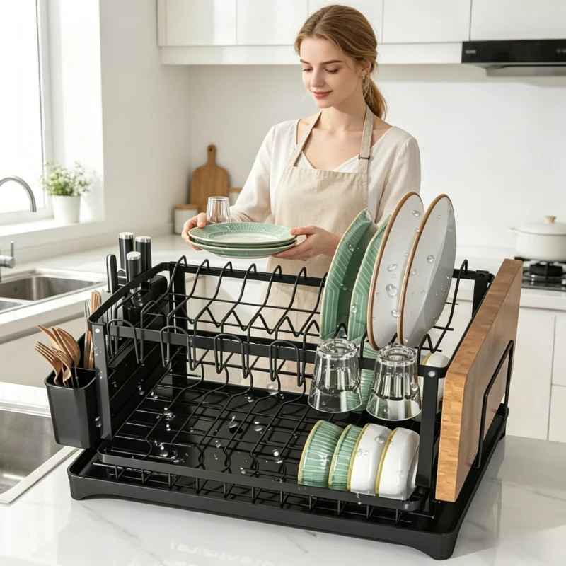 2-Tier Dish Drying Rack with Drain Tray Spout Cutlery Cup Holder Multifunctional Kitchen Countertop Storage Organizer
2-Tier Dish Drying Rack with Drain Tray Spout Cutlery Cup Holder Multifunctional Kitchen Countertop Storage Organizer