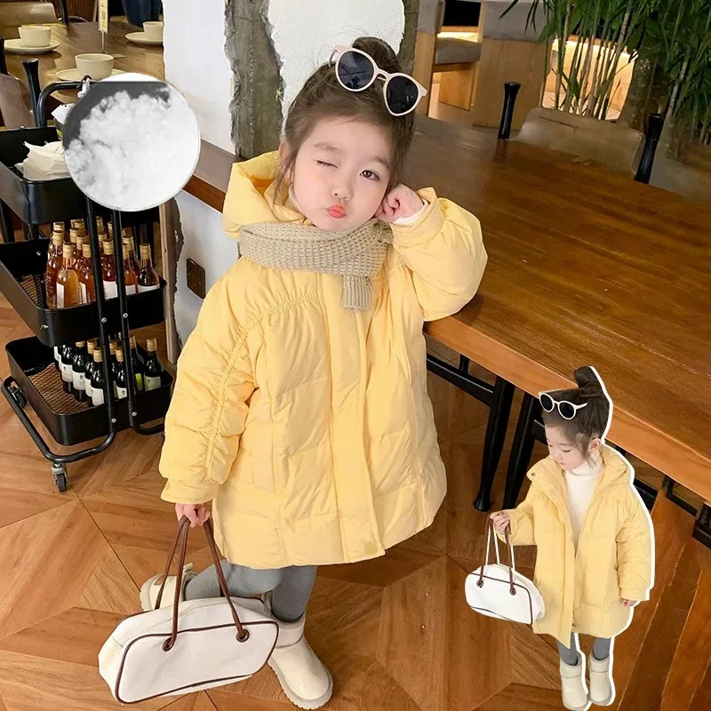 2025 осенне-зимняя стеганая куртка для девочек, теплое длинное пальто, однотонные топы с капюшоном, удобная новая модная повседневная детская одежда