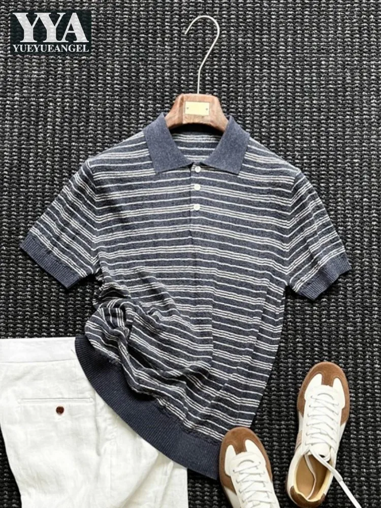 Casual Mens Summer Knitted T-Shirt Short Sleeve Mixed Color Striped Tees Tops Turn-Down Collar Breathable Male Pullover T-Shirts
Casual Mens Summer Knitted T-Shirt Short Sleeve Mixed Color Striped Tees Tops Turn-Down Collar Breathable Male Pullover T-Shirts