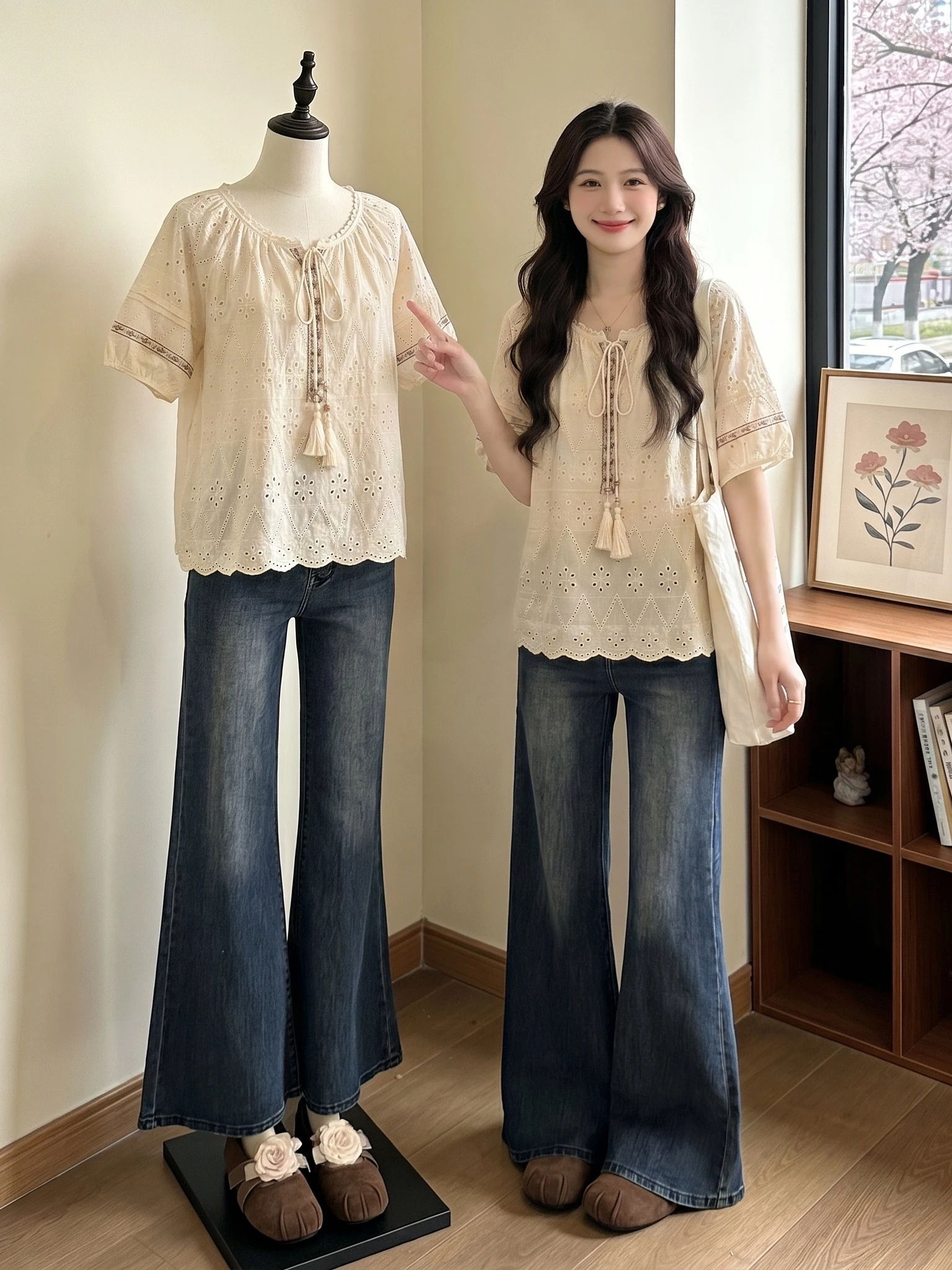 Bohemian Style Hollow out Short Sleeve Women's Shirt Summer New plus Size Doll Top Comfortable Korean Loose Fit Commute Wear
Bohemian Style Hollow out Short Sleeve Women's Shirt Summer New plus Size Doll Top Comfortable Korean Loose Fit Commute Wear