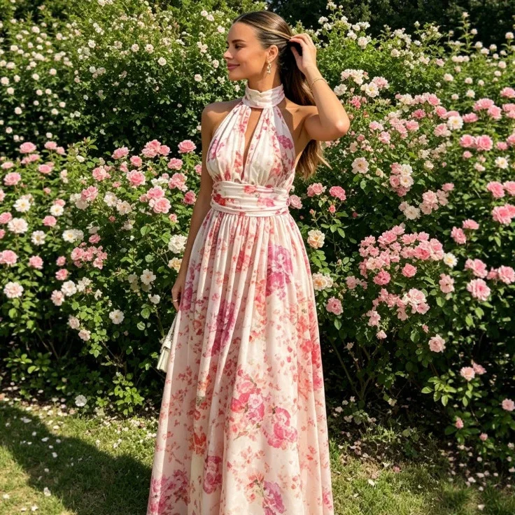 Women's Fashion Pink and White Floral Neck Halter Dress Women's Gentle Wind Lace-up Neck Dress
Women's Fashion Pink and White Floral Neck Halter Dress Women's Gentle Wind Lace-up Neck Dress