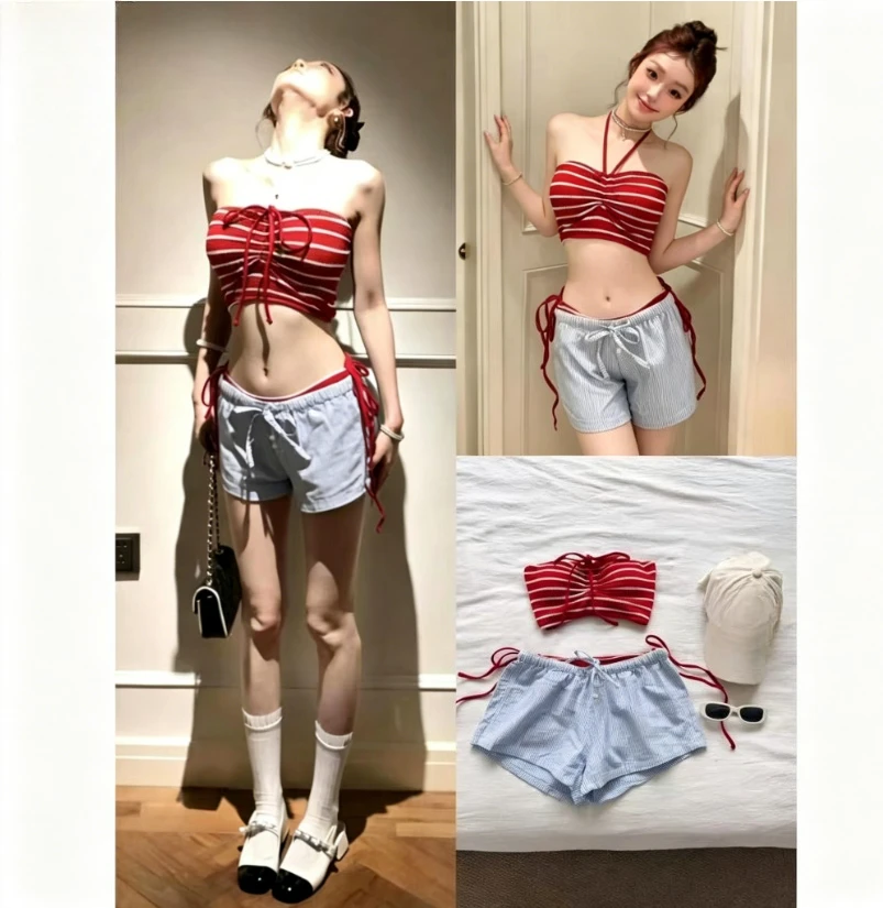 Y2K Sweet Korean Ladies Swimsuit Cute Striped Halter Bikini Top Mini Shorts 3 Piece Seaside Bathing Suit
Y2K Sweet Korean Ladies Swimsuit Cute Striped Halter Bikini Top Mini Shorts 3 Piece Seaside Bathing Suit