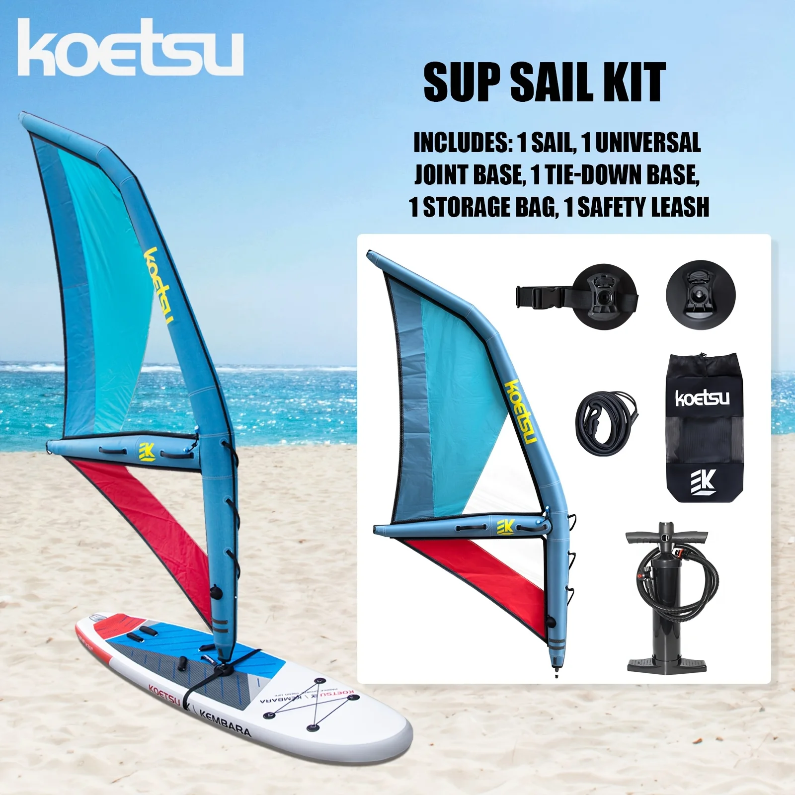 KOETSU inflatable wing sail kit, blue and red color scheme. Suitable for adult inflatable surfboards and stand-up paddleboards.
KOETSU inflatable wing sail kit, blue and red color scheme. Suitable for adult inflatable surfboards and stand-up paddleboards.