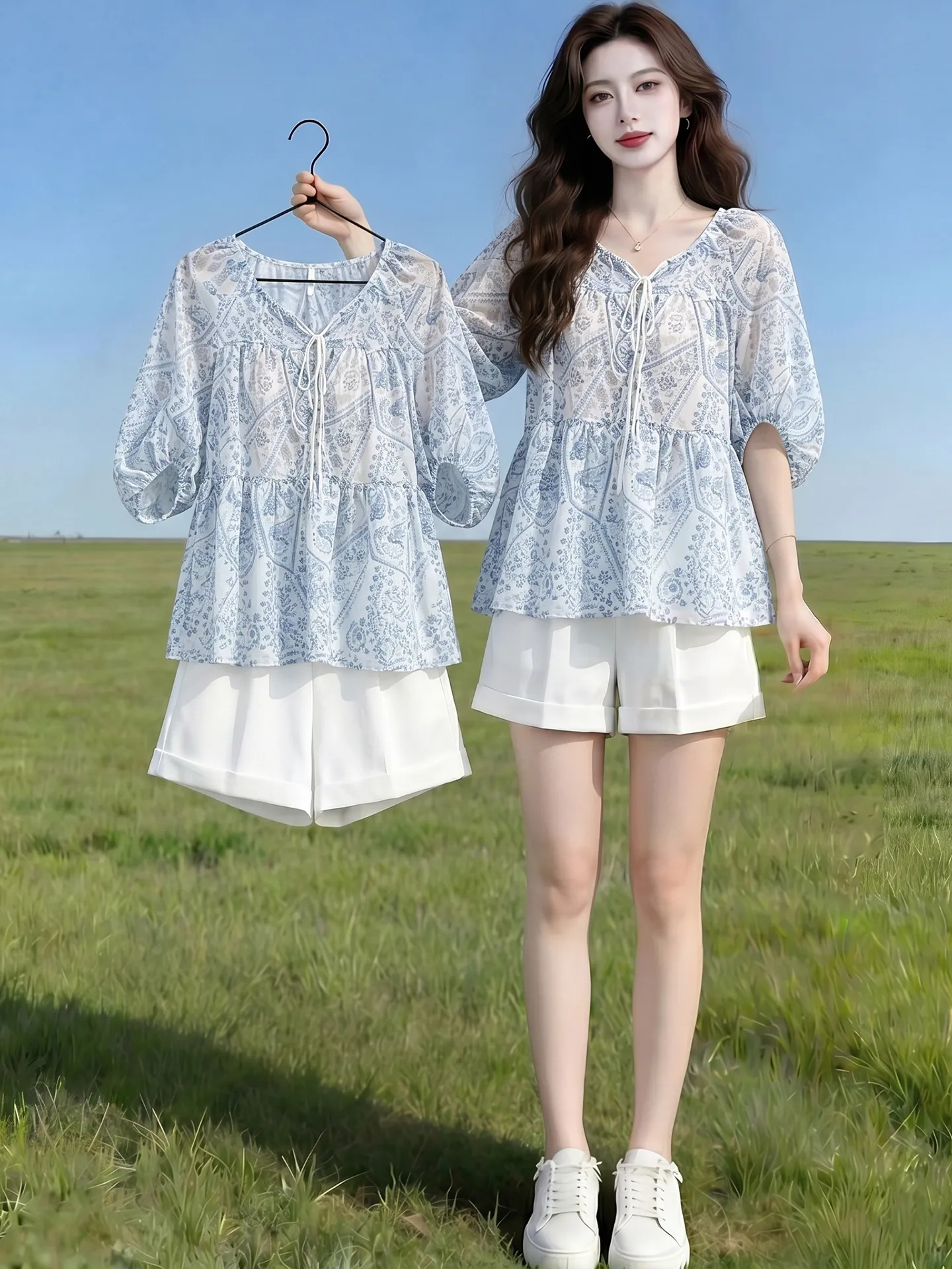Summer Fashion Korean Style Loose Casual V-neck Floral Print Women's Set High Waist Shorts Regular Sleeve Shirt Commute Wind
Summer Fashion Korean Style Loose Casual V-neck Floral Print Women's Set High Waist Shorts Regular Sleeve Shirt Commute Wind