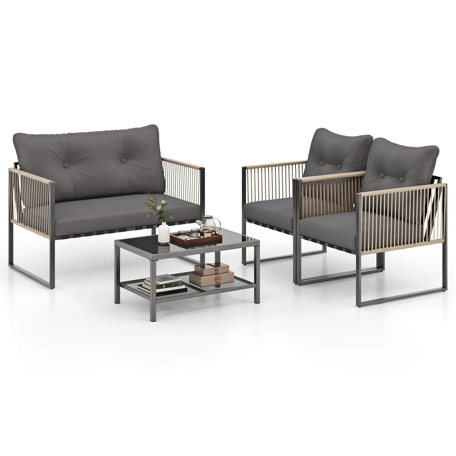 4 Piece PE Rattan Patio Sofa Set Thick Cushions 2 Tier Glass Coffee Table Garden Porch Balcony Backyard Grey Custom
4 Piece PE Rattan Patio Sofa Set Thick Cushions 2 Tier Glass Coffee Table Garden Porch Balcony Backyard Grey Custom