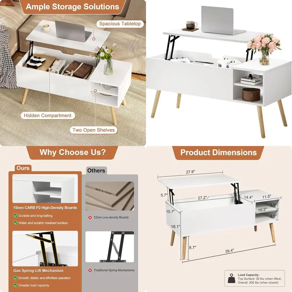 Elegant Coffee Table with Lift-Top, Solid Wood Legs, Hidden Storage, and Open Shelves - 40 High for Living Room
Elegant Coffee Table with Lift-Top, Solid Wood Legs, Hidden Storage, and Open Shelves - 40 High for Living Room