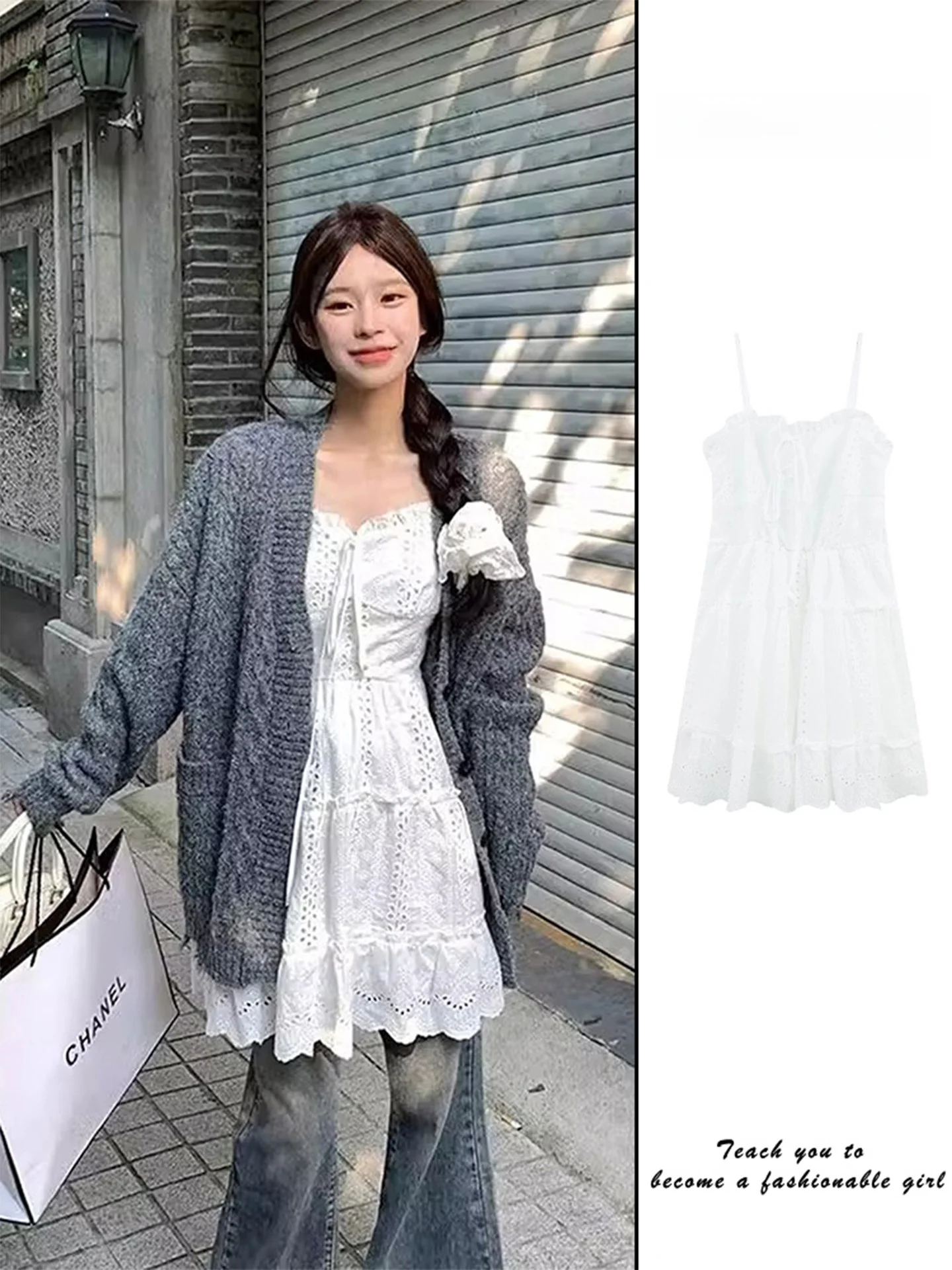 White Lace Embroidery Strap Dress Women's Korean Style Layering Inner Wear Dress Sweater Cardigan Outerwear Set Autumn Fashion
White Lace Embroidery Strap Dress Women's Korean Style Layering Inner Wear Dress Sweater Cardigan Outerwear Set Autumn Fashion