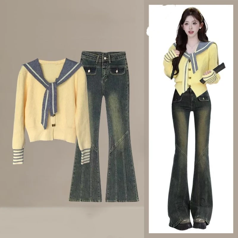 Women Spring Autumn Preppy Style Shawl Sweater Flare Denim Pants Two Piece Set 2025 Lady New Graceful Knit Tops Jeans Outfits
Women Spring Autumn Preppy Style Shawl Sweater Flare Denim Pants Two Piece Set 2025 Lady New Graceful Knit Tops Jeans Outfits
