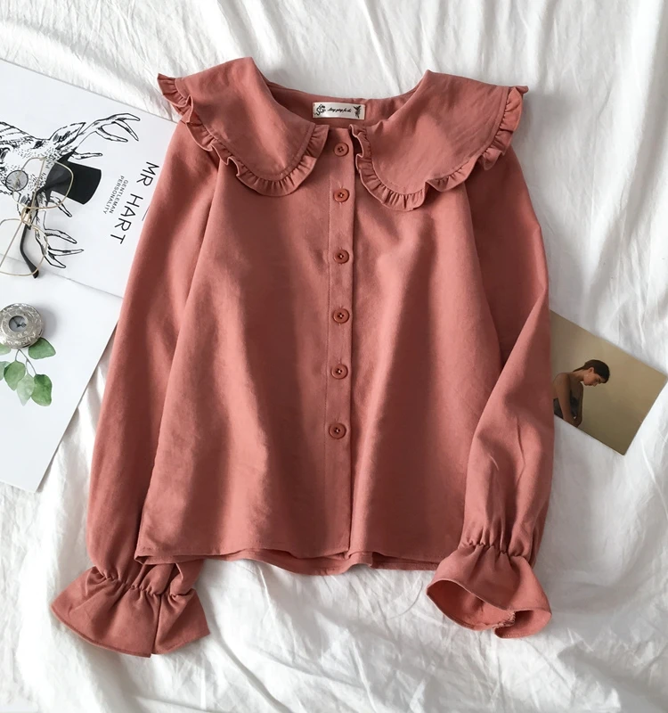 Faionable Long Sve Ruffle Collar irt Street Sle Pure Color Doll Collar Women's irt Trendy European And American
Faionable Long Sve Ruffle Collar irt Street Sle Pure Color Doll Collar Women's irt Trendy European And American