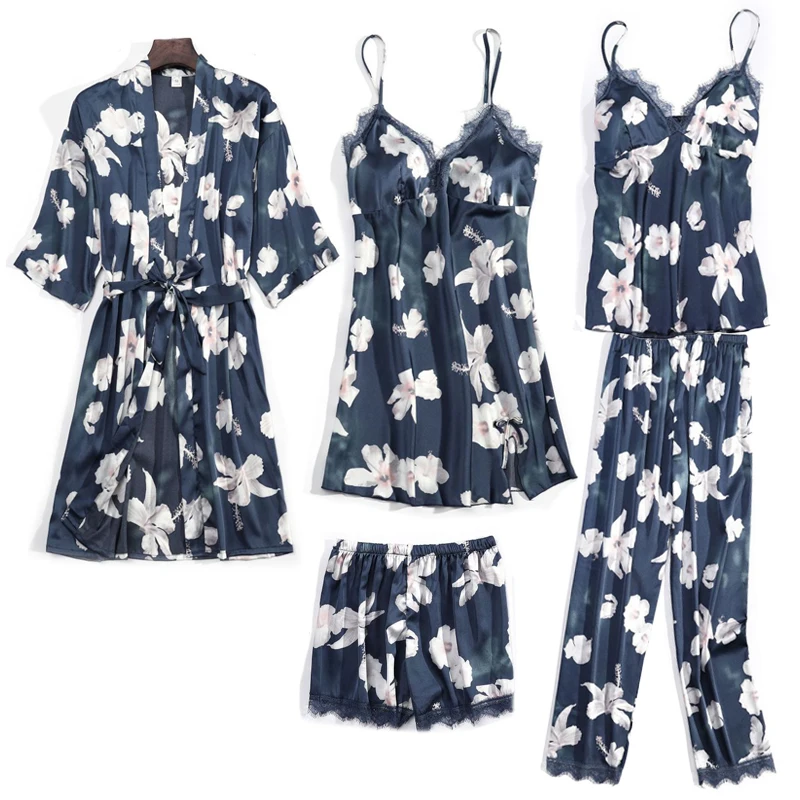 Womens 5 Pieces Silk Satin Pajama Set Floral Print Lace Trim Robe Cami Dress Camisole Top Shorts Long Pants Loungewear Sleepwear
Womens 5 Pieces Silk Satin Pajama Set Floral Print Lace Trim Robe Cami Dress Camisole Top Shorts Long Pants Loungewear Sleepwear