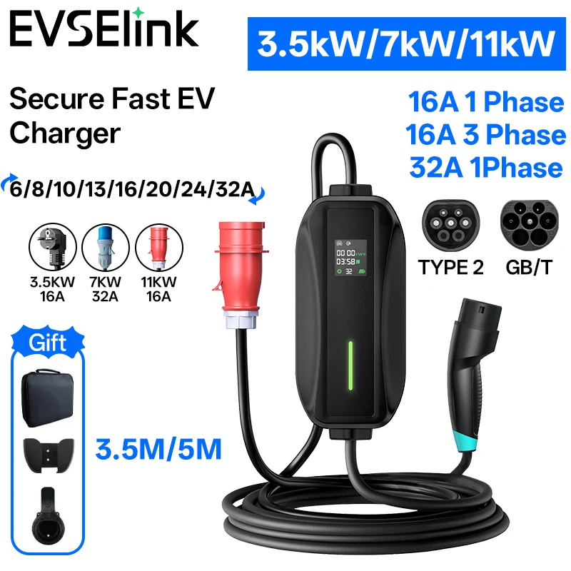 EVSELink Portable Ev charger 3.5KW 7KW 11KW AC home Electric car charger IP66 Scheduled Charging Current Adjustment
EVSELink Portable Ev charger 3.5KW 7KW 11KW AC home Electric car charger IP66 Scheduled Charging Current Adjustment