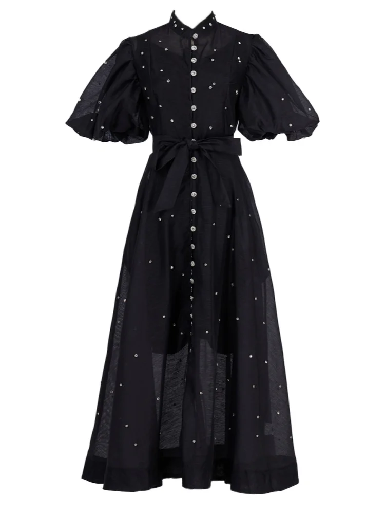 Elegant Stand Collar Puff Short Sleeve Luxury Rhinestone Slim High Waist Dress Women's Vacation Vestidos Women Party Long Dress
Elegant Stand Collar Puff Short Sleeve Luxury Rhinestone Slim High Waist Dress Women's Vacation Vestidos Women Party Long Dress