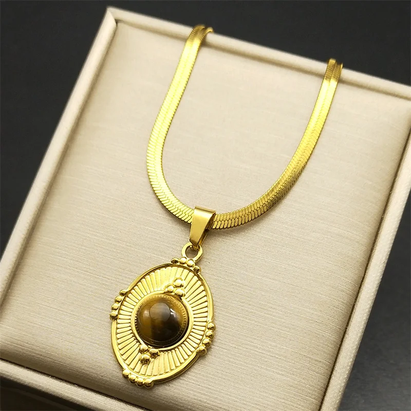 Vintage Brown Tiger Eye Stone Pendant Necklace For Women Stainless Steel Gold Color Medal Choker Snake Chain Amulet Jewelry
Vintage Brown Tiger Eye Stone Pendant Necklace For Women Stainless Steel Gold Color Medal Choker Snake Chain Amulet Jewelry