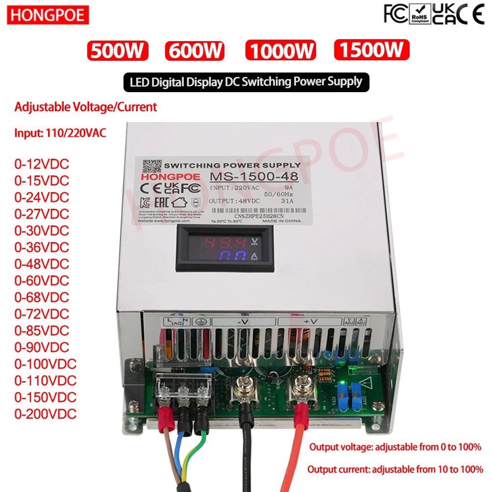 CE LED display with digital 500/600/1000/1500W SMPS 0-200VDC adjustable voltage/current 110/220VAC for CCTV Motor 3D printers TV
CE LED display with digital 500/600/1000/1500W SMPS 0-200VDC adjustable voltage/current 110/220VAC for CCTV Motor 3D printers TV