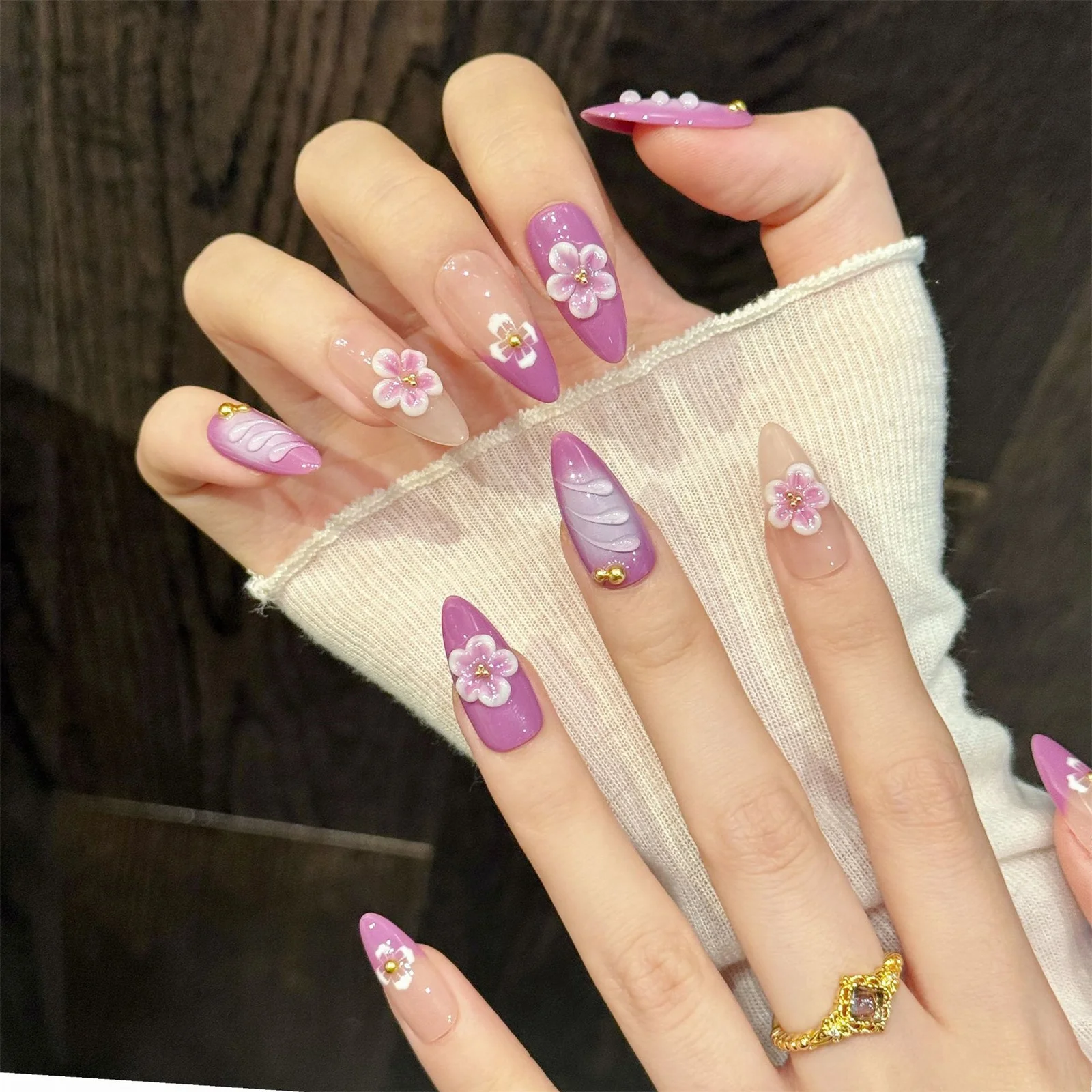 10pcs Hand-carved 3D Sakura Press On Nails Handmade Pink Purple Almond French Style False Nails Elegant Relief Flower Fake Nail
10pcs Hand-carved 3D Sakura Press On Nails Handmade Pink Purple Almond French Style False Nails Elegant Relief Flower Fake Nail