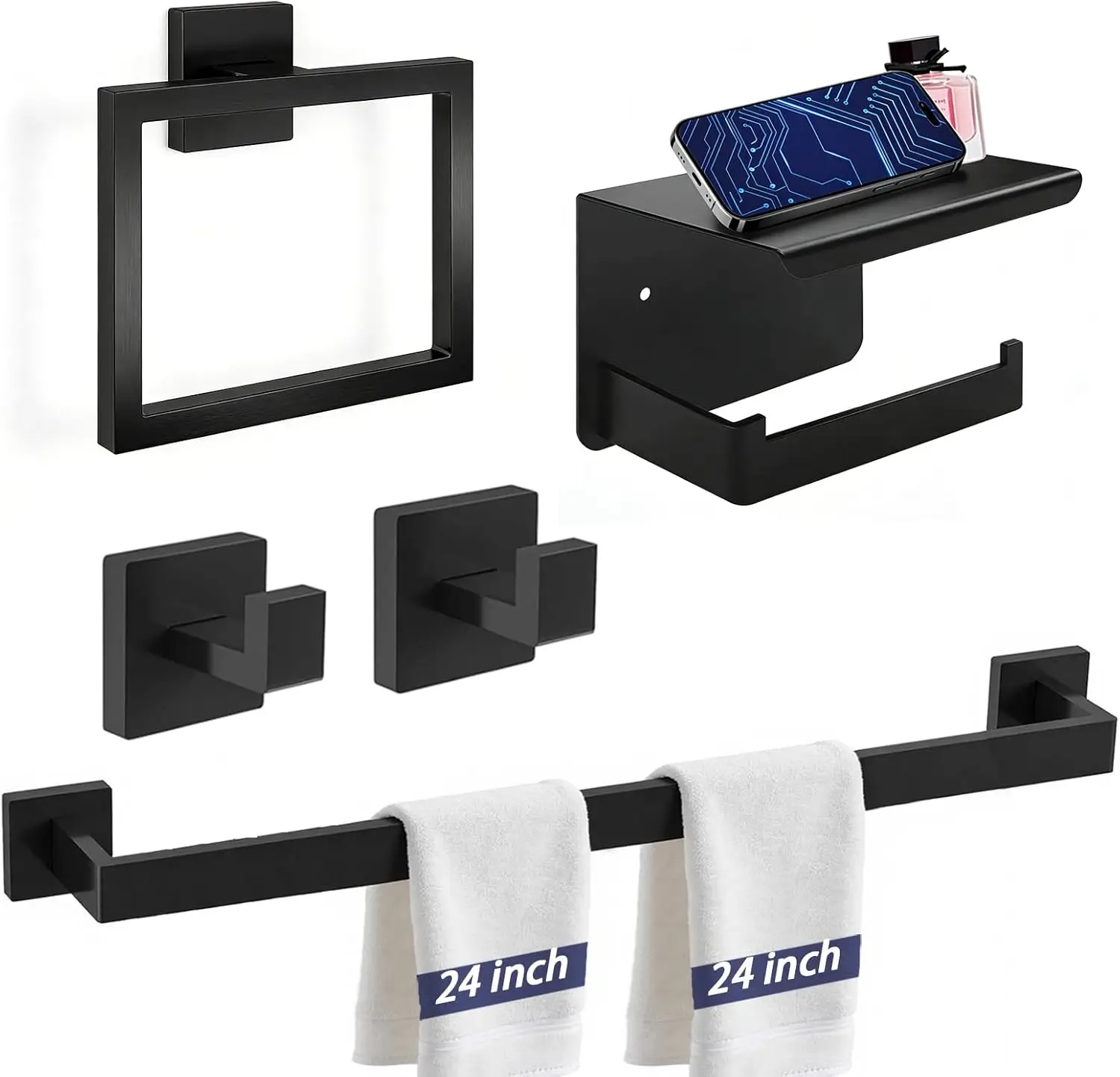 24 Inch Bathroom Hardware Set, 5-Piece Matte Black Towel Rack Set with Shelf, Stainless Steel Towel Bar and Hooks Wall Mounted
24 Inch Bathroom Hardware Set, 5-Piece Matte Black Towel Rack Set with Shelf, Stainless Steel Towel Bar and Hooks Wall Mounted