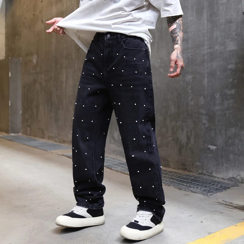 1340-1 New high street high-end tide brand loose straight black beaded jeans couple with models
1340-1 New high street high-end tide brand loose straight black beaded jeans couple with models