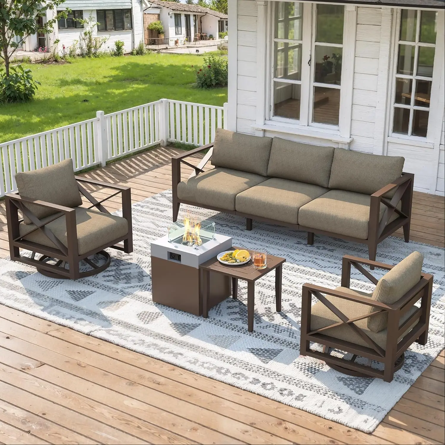 7pc Aluminum Patio Set w/ Fire Pit Swivel Rockers Oversized Sofa All-Weather Backyard Deck, Custom
7pc Aluminum Patio Set w/ Fire Pit Swivel Rockers Oversized Sofa All-Weather Backyard Deck, Custom