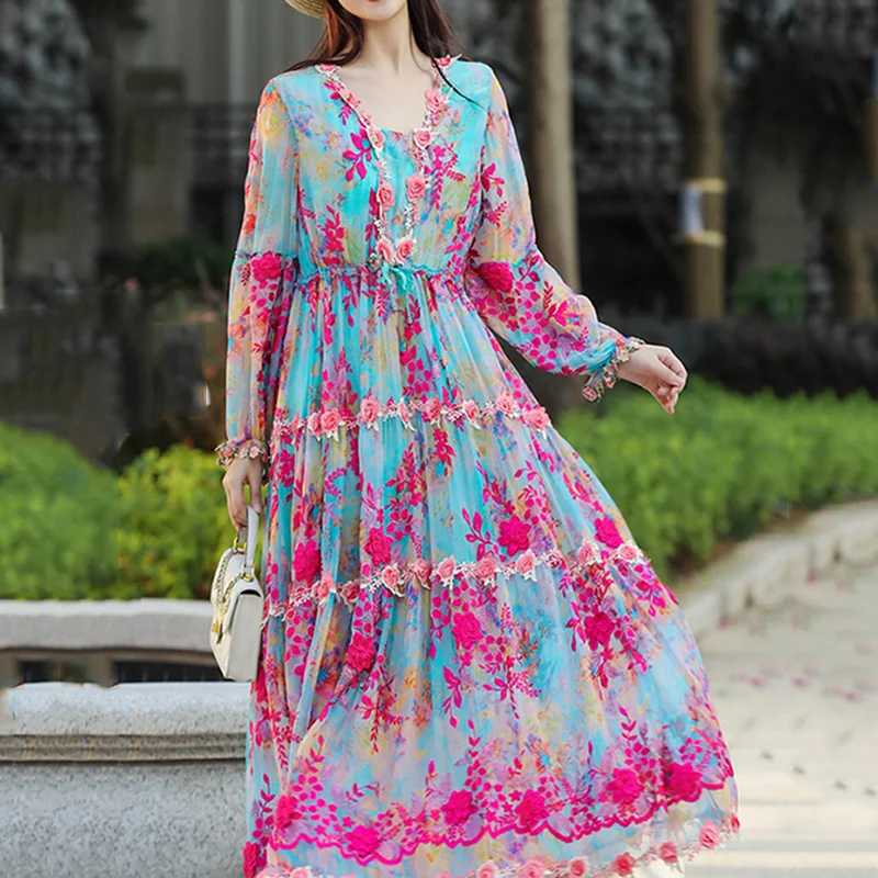 Spring And Summer Women New V-Neck Long Sleeve Silk Print+Embroidery Luxury Elegant Seaside Holiday Long Dress One Size
Spring And Summer Women New V-Neck Long Sleeve Silk Print+Embroidery Luxury Elegant Seaside Holiday Long Dress One Size