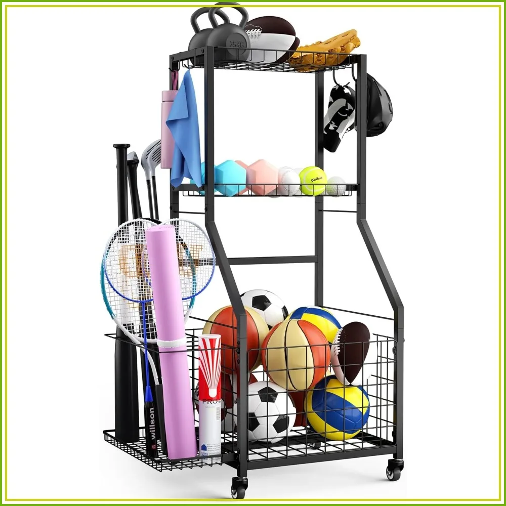3-Tier Garage Ball Storage Rack on Wheels, Sports Equipment Organizer with Hooks & Baskets
3-Tier Garage Ball Storage Rack on Wheels, Sports Equipment Organizer with Hooks & Baskets