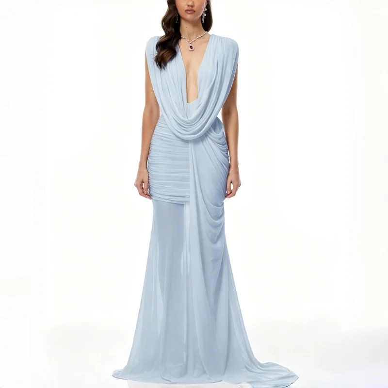 Light Blue Draped Women Formal Evening Gowns Deep V Ruched Cutout Evening Dresses Mermaid Floor Length Prom Dress
Light Blue Draped Women Formal Evening Gowns Deep V Ruched Cutout Evening Dresses Mermaid Floor Length Prom Dress