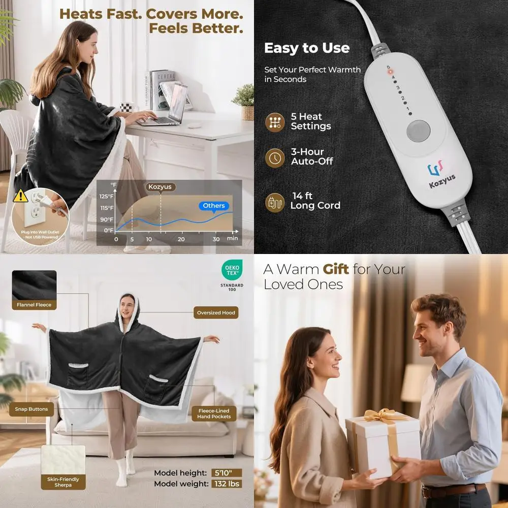 Electric Heated Blanket with Hood & Pockets, 5 Settings, 3H Auto-Off, Washable, Grey, Unisex
Electric Heated Blanket with Hood & Pockets, 5 Settings, 3H Auto-Off, Washable, Grey, Unisex