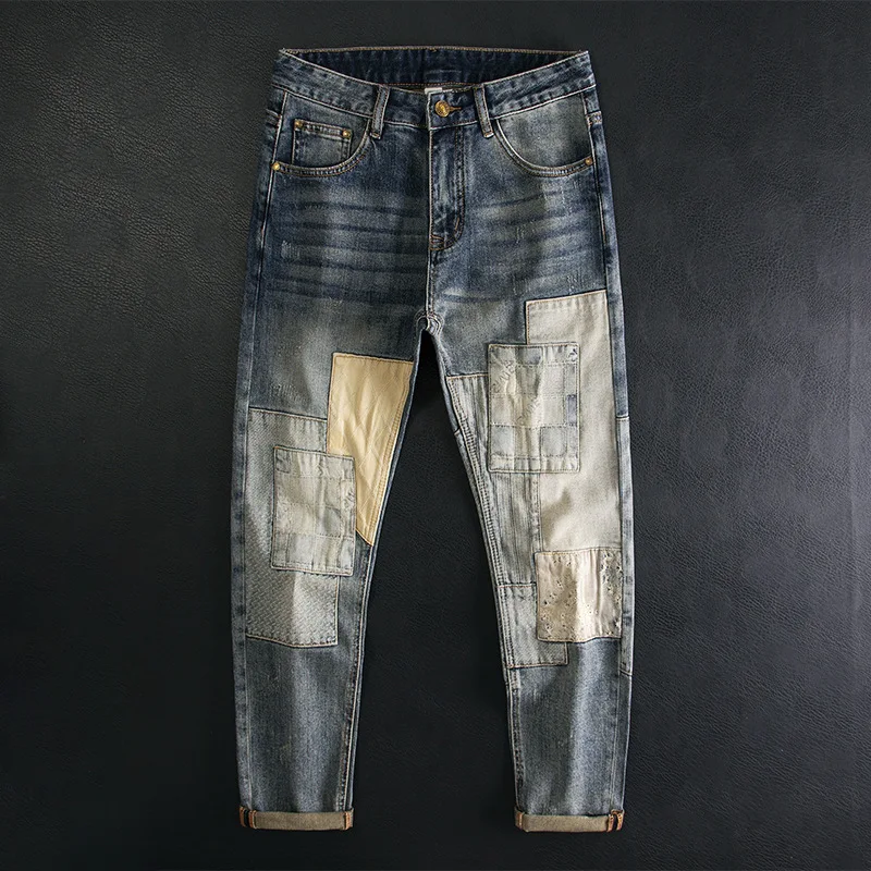 American retro patch denim jeans for men, elastic, slim fit, stylish, personalized, trendy pants
American retro patch denim jeans for men, elastic, slim fit, stylish, personalized, trendy pants