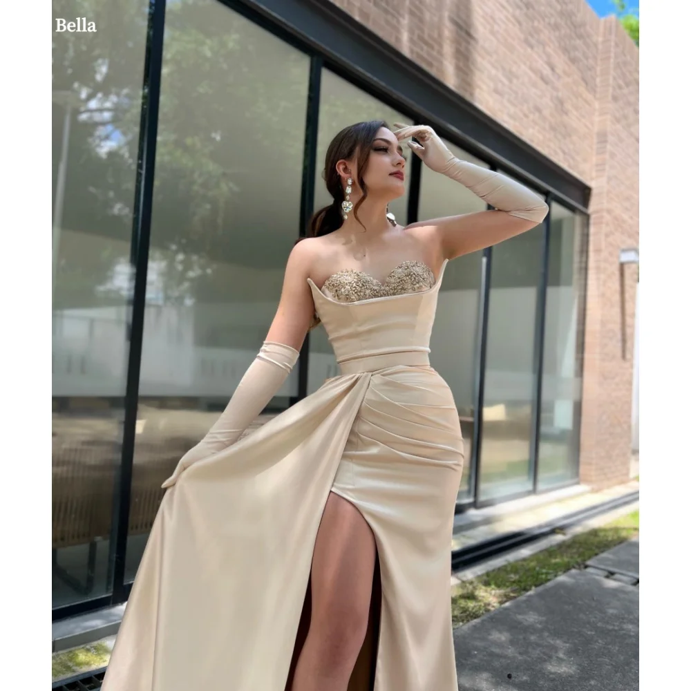 Bella Customized White Beaded Strapless Side Slit robes de soirée Satin Gloves Party Dresses Floor-Length Pearls Prom Dress 2025
Bella Customized White Beaded Strapless Side Slit robes de soirée Satin Gloves Party Dresses Floor-Length Pearls Prom Dress 2025