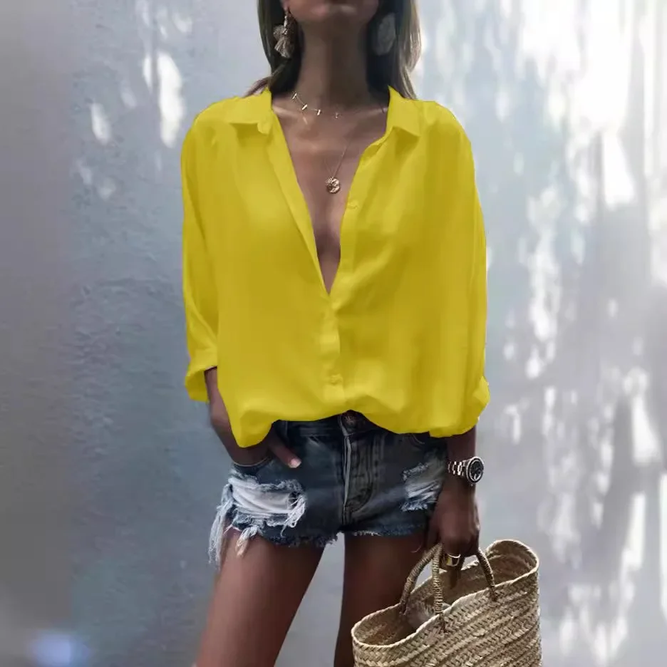 Женская шифоновая блузка с глубоким V-образным вырезом и пуговицами, европейский и американский стиль, коллекция 2025 года
Женская шифоновая блузка с глубоким V-образным вырезом и пуговицами, европейский и американский стиль, коллекция 2025 года