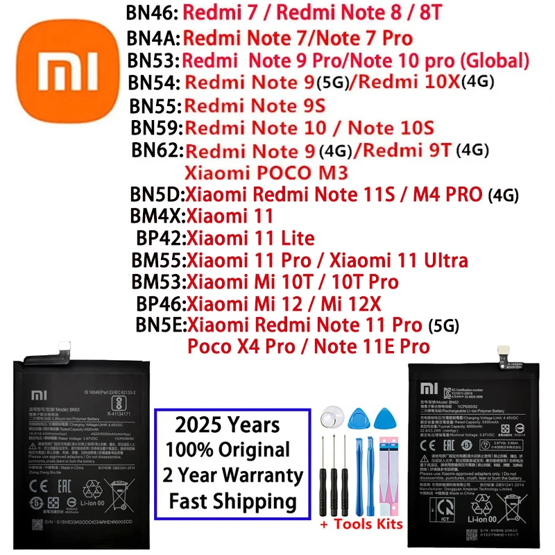 Оригинальная батарея для Xiaomi Redmi Note 7 8 8T 9 9 9T 9S 10 10S 10X 11 11E Lite Mi 10T 12 12X K30S Pro POCO X4 M3 UItra Battery
Оригинальная батарея для Xiaomi Redmi Note 7 8 8T 9 9 9T 9S 10 10S 10X 11 11E Lite Mi 10T 12 12X K30S Pro POCO X4 M3 UItra Battery