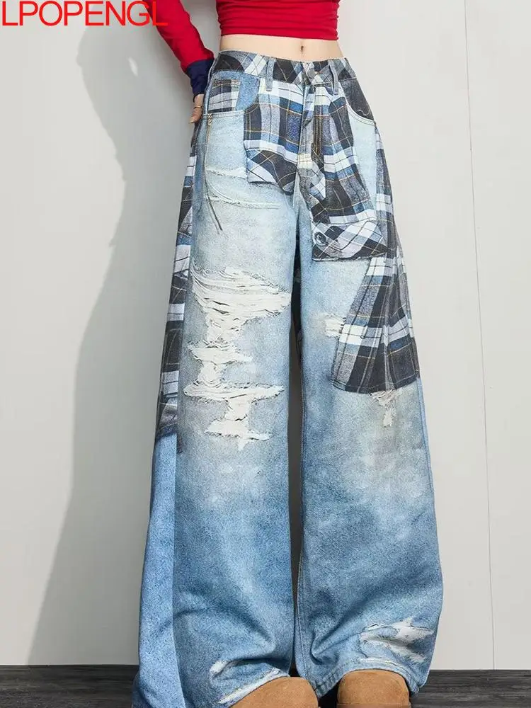 New Woman Spring And Summer American Patchwork Digital Printed Checkered Shirt Jeans Three Dimensional Light Blue Wide Leg Pants
New Woman Spring And Summer American Patchwork Digital Printed Checkered Shirt Jeans Three Dimensional Light Blue Wide Leg Pants