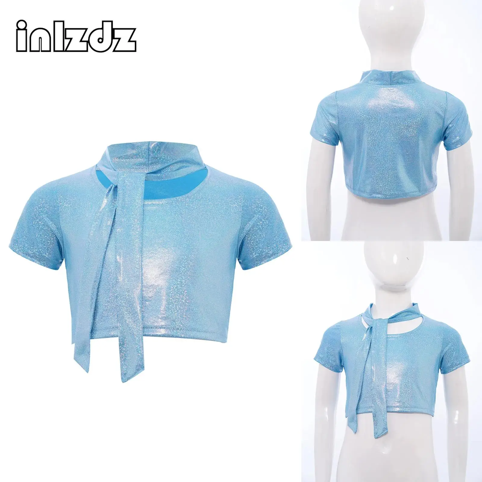Kids Boys Girls Cheerleading Dance Costume Lace-up Collar Short Sleeves Metallic Crop Top for Jazz Dance Stage Performance Party
Kids Boys Girls Cheerleading Dance Costume Lace-up Collar Short Sleeves Metallic Crop Top for Jazz Dance Stage Performance Party