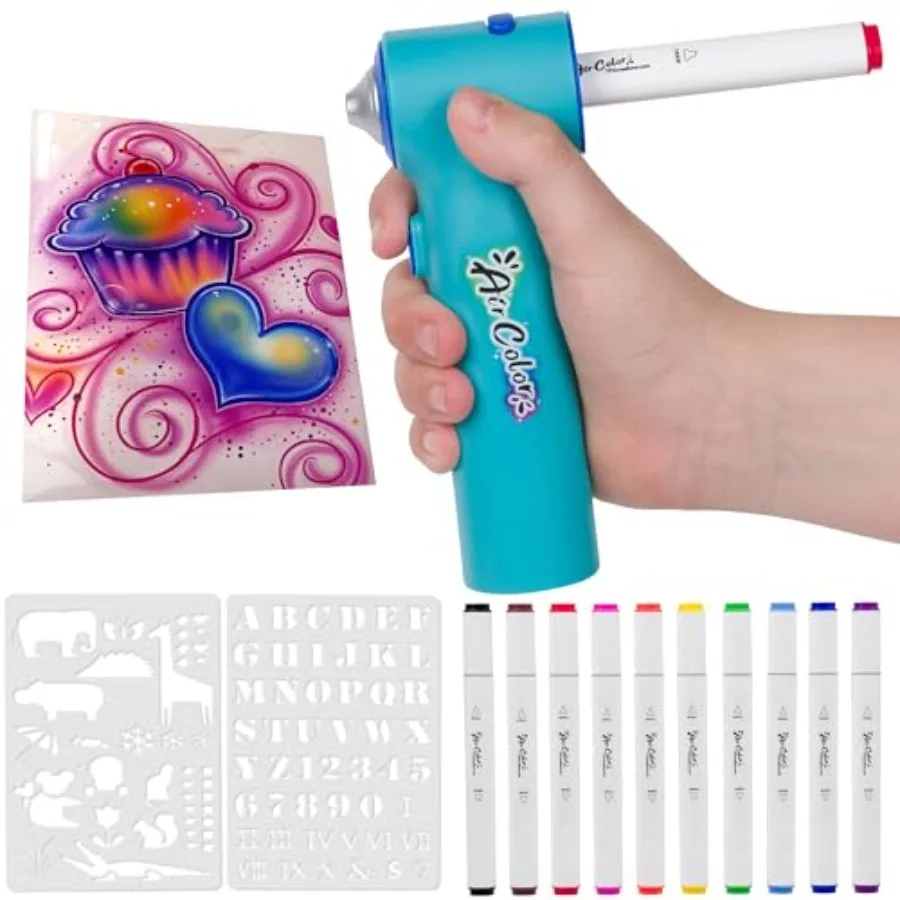 Air Color Airbrush Marker Kit for Cordless and Rechargeable Air Brush Set Includes 10 Washable Markers 86 Stencils Charging Cab
Air Color Airbrush Marker Kit for Cordless and Rechargeable Air Brush Set Includes 10 Washable Markers 86 Stencils Charging Cab