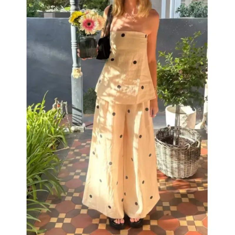 Casual Women Polka Dot Strapless Top Suit Fashionable Elegant Women Backless Vest Wide Leg Pants Suit Summer Ladies Streetwear
Casual Women Polka Dot Strapless Top Suit Fashionable Elegant Women Backless Vest Wide Leg Pants Suit Summer Ladies Streetwear