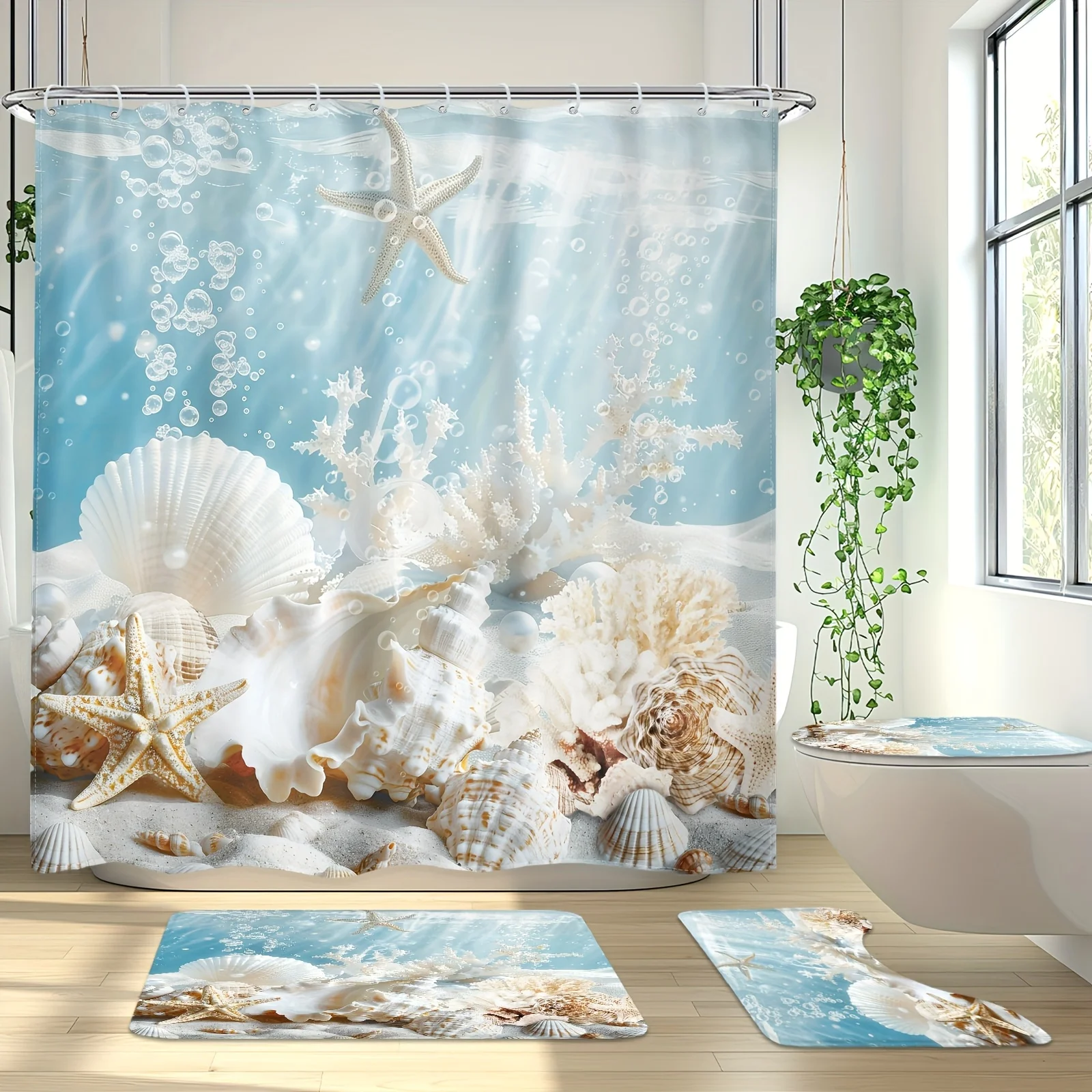 Ocean Starfish Shell Shower Curtain Set 4pcs with 12 Hooks Anti Slip Floor Mat Toilet U Shaped Cover Nautical Seabed Coral Decor
Ocean Starfish Shell Shower Curtain Set 4pcs with 12 Hooks Anti Slip Floor Mat Toilet U Shaped Cover Nautical Seabed Coral Decor