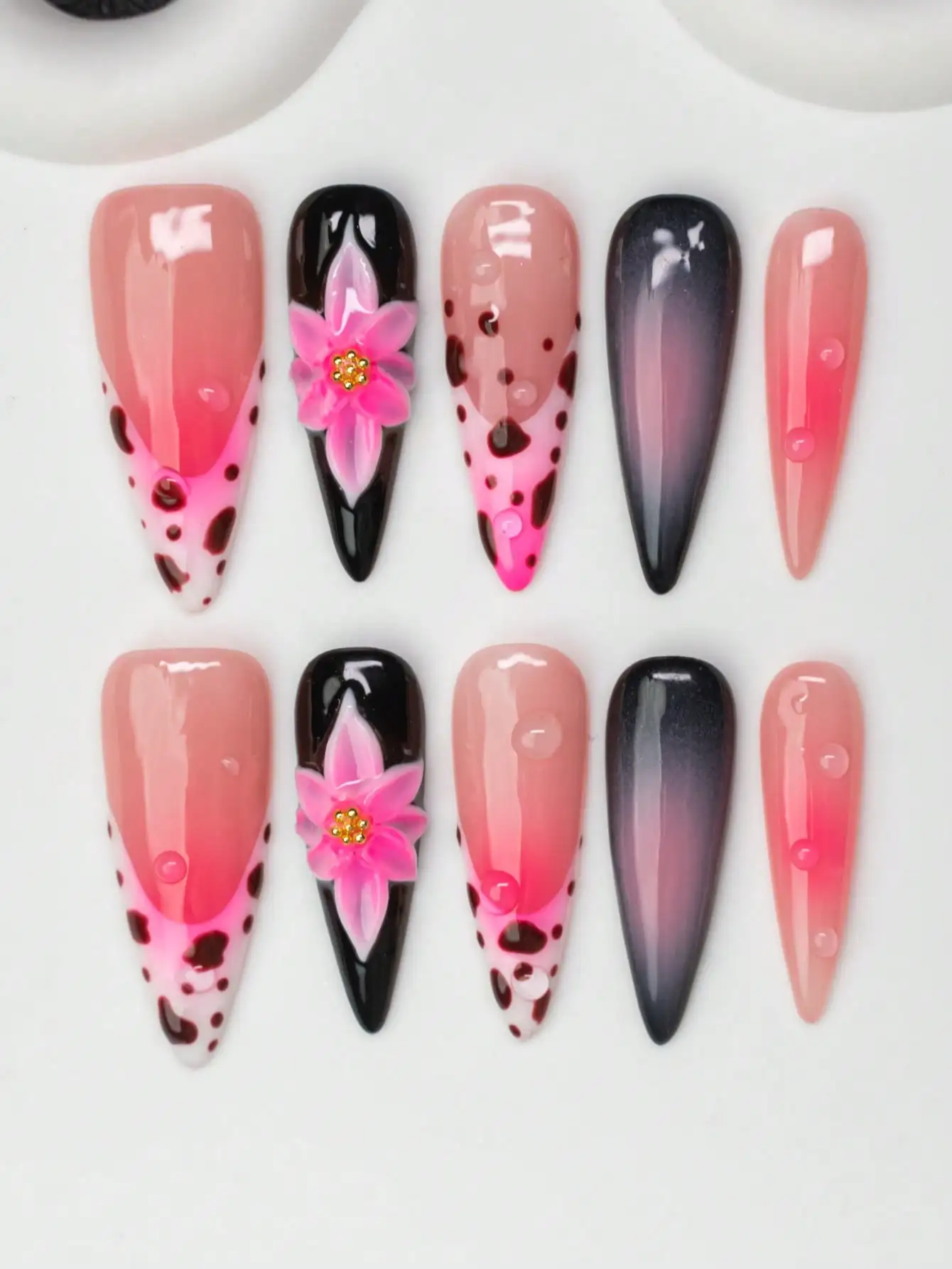 10pcs/Set Handmade Almond-Shaped Y2K Baddie Style Press-On Nails, Nude, Black, Pink Colors With French Tips, Floral, Cream Textu
10pcs/Set Handmade Almond-Shaped Y2K Baddie Style Press-On Nails, Nude, Black, Pink Colors With French Tips, Floral, Cream Textu