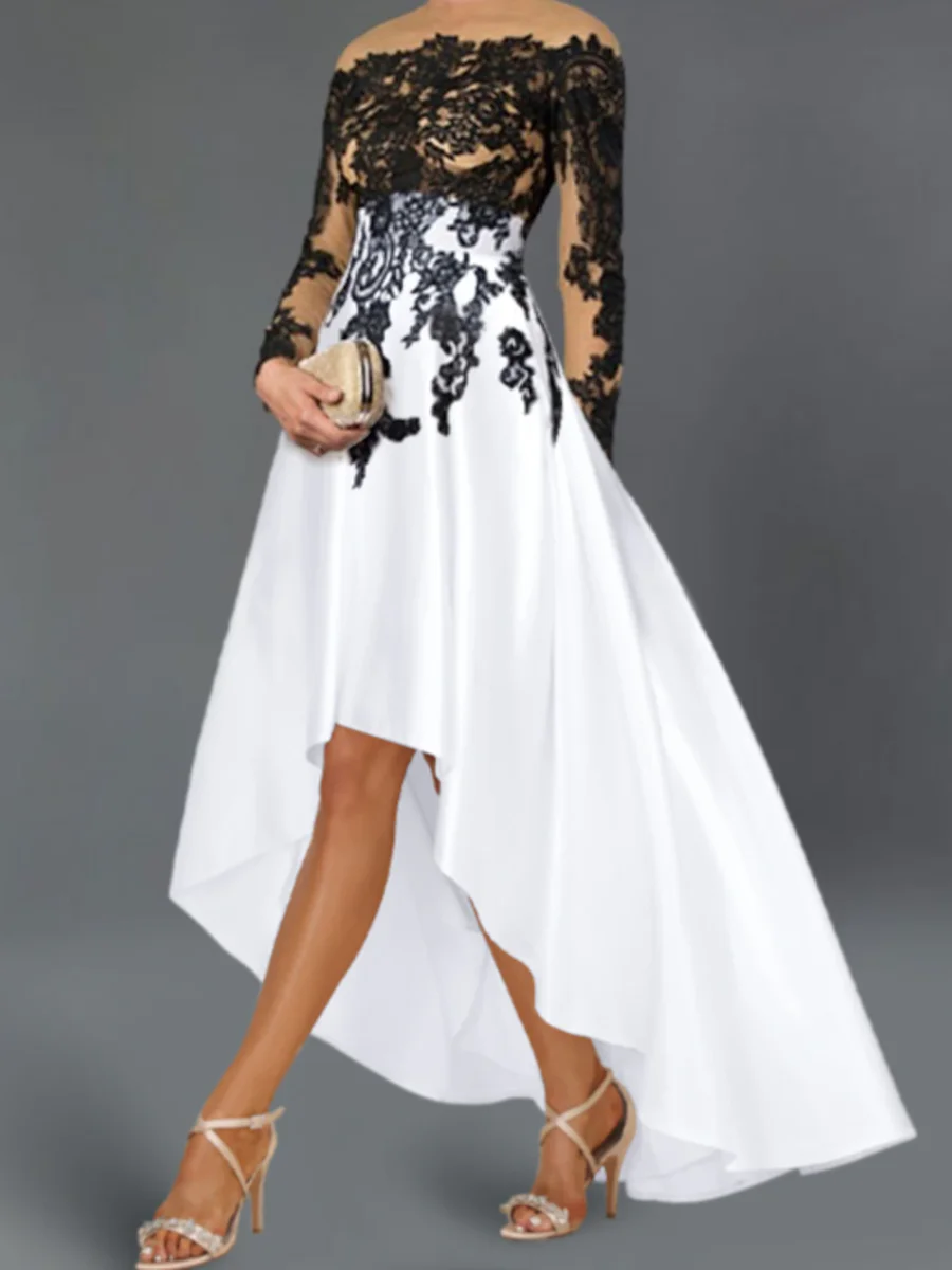 Customized White Black High Low Prom Party Dress Illusion Neck Lace Appliques Long Sleeves Satin Evening Formal Gowns
Customized White Black High Low Prom Party Dress Illusion Neck Lace Appliques Long Sleeves Satin Evening Formal Gowns 