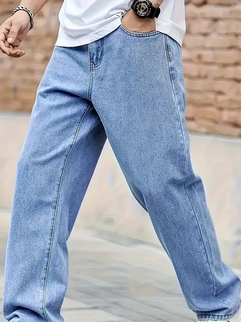 Men's Vintage Street Style Loose Fit Cotton-Blend Jeans - Non-Stretch Washed Details, Solid Color Regular Length Pants with Pock
Men's Vintage Street Style Loose Fit Cotton-Blend Jeans - Non-Stretch Washed Details, Solid Color Regular Length Pants with Pock
