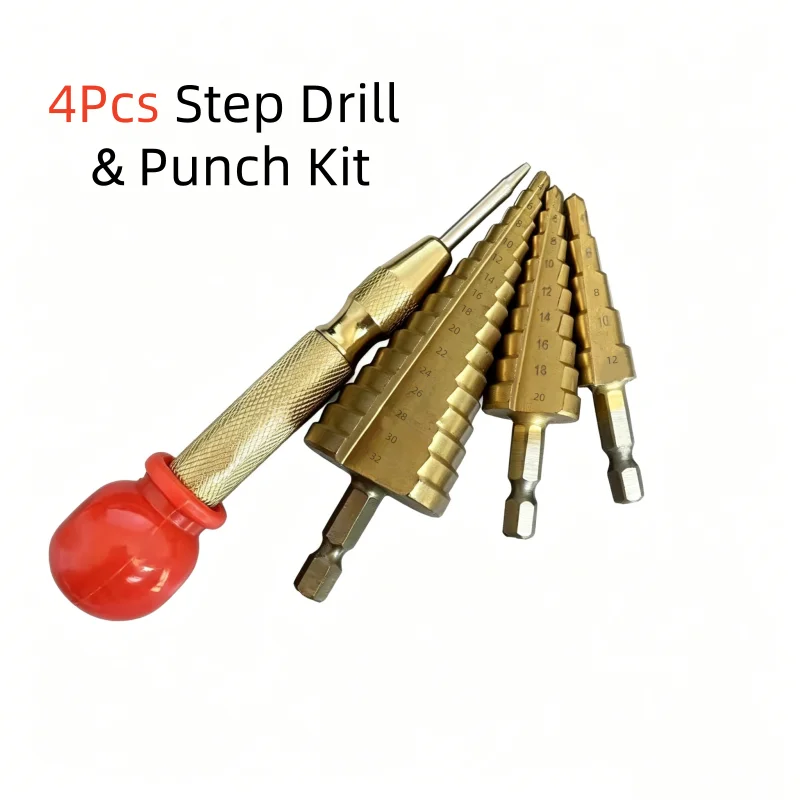 4Pcs Titanium Coated Step Drill Bit Set with Automatic Center Punch, Hex Shank Pagoda Hole Cutter for Metal & Wood Drilling
4Pcs Titanium Coated Step Drill Bit Set with Automatic Center Punch, Hex Shank Pagoda Hole Cutter for Metal & Wood Drilling