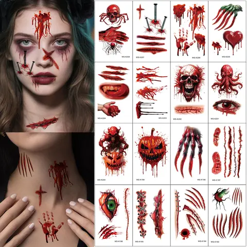 16 Sheets Fake Scar Body Stickers for Halloween Makeup Waterproof Temproary Tattoos Bloody Wound pumkins Tattoo Stickers Face