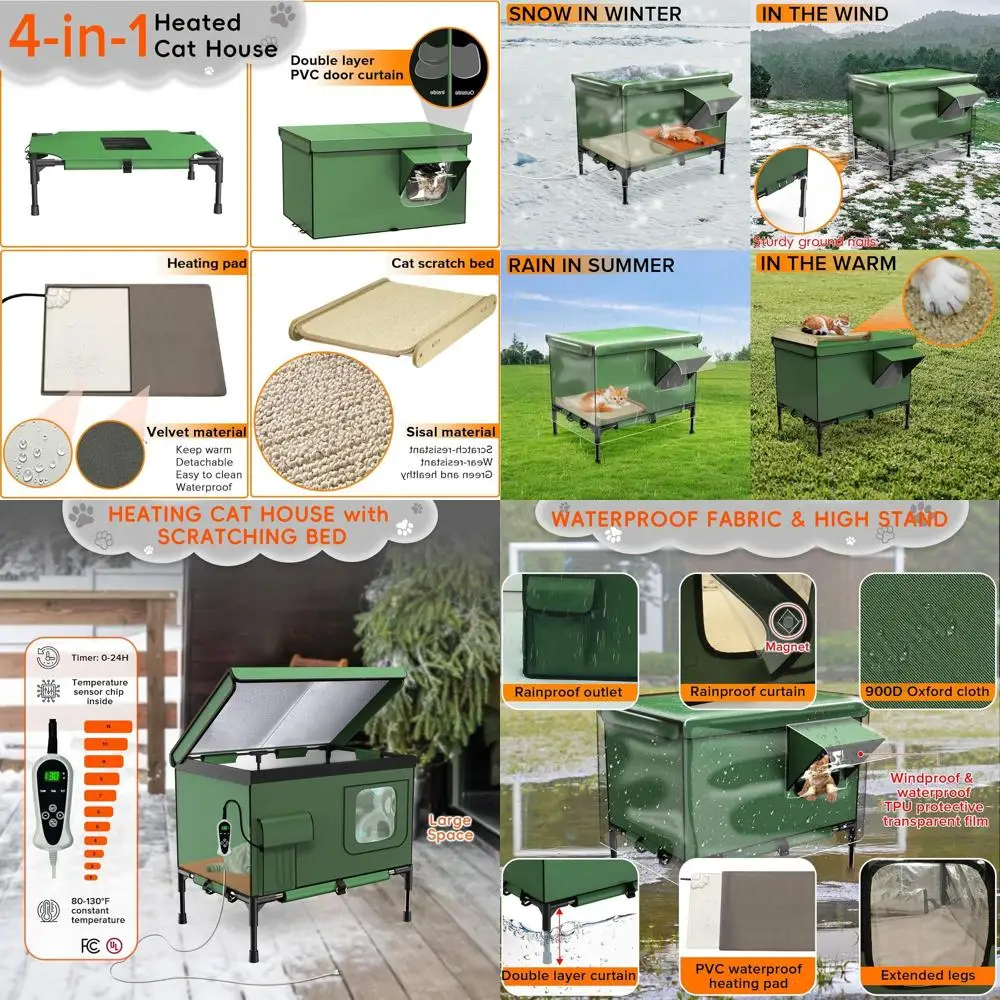 Всепогодный уличный домик для кошек 4-в-1 с обогревом, зонами для когтеточек и приподнятыми лежанками, водонепроницаемый чехол
Всепогодный уличный домик для кошек 4-в-1 с обогревом, зонами для когтеточек и приподнятыми лежанками, водонепроницаемый чехол