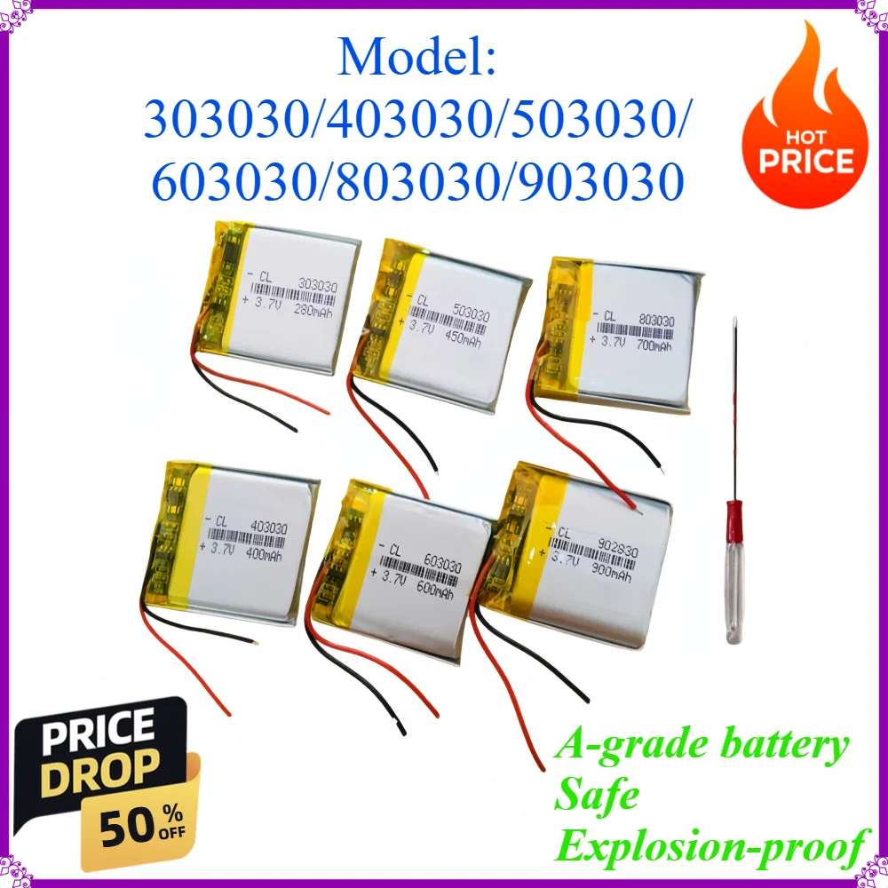 503030 Lithium Polymer Battery 3.7V 280-900mAh 303030 403030 503030 603030 803030 903030 Rechargeable Li-Polymer
503030 Lithium Polymer Battery 3.7V 280-900mAh 303030 403030 503030 603030 803030 903030 Rechargeable Li-Polymer