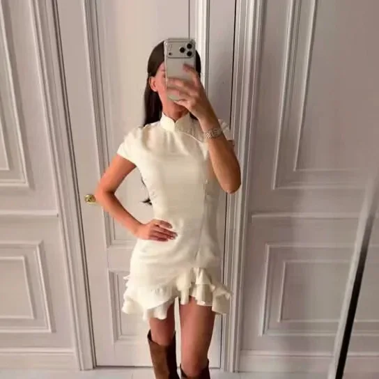 Spring Summer Minimalist Stand Collar Waist Tie Ruffle Qipao Dress Women's Office Commuter Dresses Asian Fusion Clothing Outfits
Spring Summer Minimalist Stand Collar Waist Tie Ruffle Qipao Dress Women's Office Commuter Dresses Asian Fusion Clothing Outfits