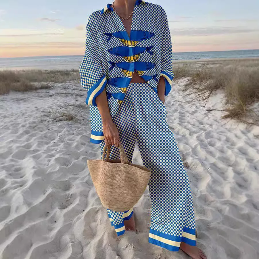 2025 Vacation Cruise Print Two Piece Sets Woman Cruise Outfit Seaside Tropical Print Lapel Shirt Wide-Leg Pants Suits For Women
2025 Vacation Cruise Print Two Piece Sets Woman Cruise Outfit Seaside Tropical Print Lapel Shirt Wide-Leg Pants Suits For Women