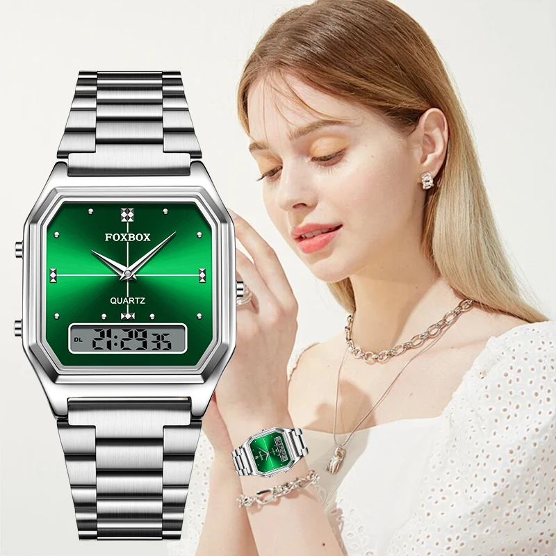FOXBOX LIGE Elegant Electronic Watches for Women Fashion Stainless Band Dual Display Waterproof Sport Digital Quartz Woman Watch
FOXBOX LIGE Elegant Electronic Watches for Women Fashion Stainless Band Dual Display Waterproof Sport Digital Quartz Woman Watch